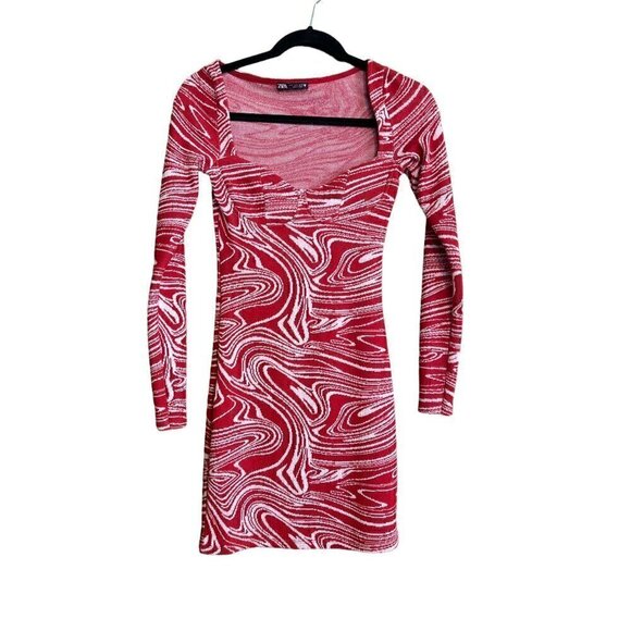 Zara Red & White Long Sleeve Knit Dress, Small, Queen Anne Neckline - Picture 1 of 6